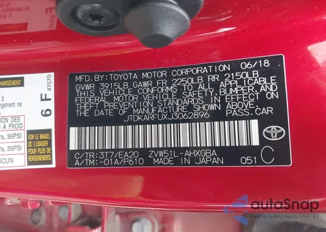 2018 Toyota Prius Four from USA, damaged, VIN JTDKARFUXJ3062896